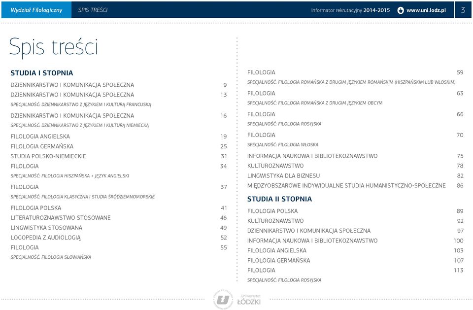 komunikacja społeczna 16 Specjalność: dziennikarstwo z językiem i kulturą niemiecką Filologia angielska 19 Filologia germańska 25 Studia polsko-niemieckie 31 Filologia 34 Specjalność: filologia