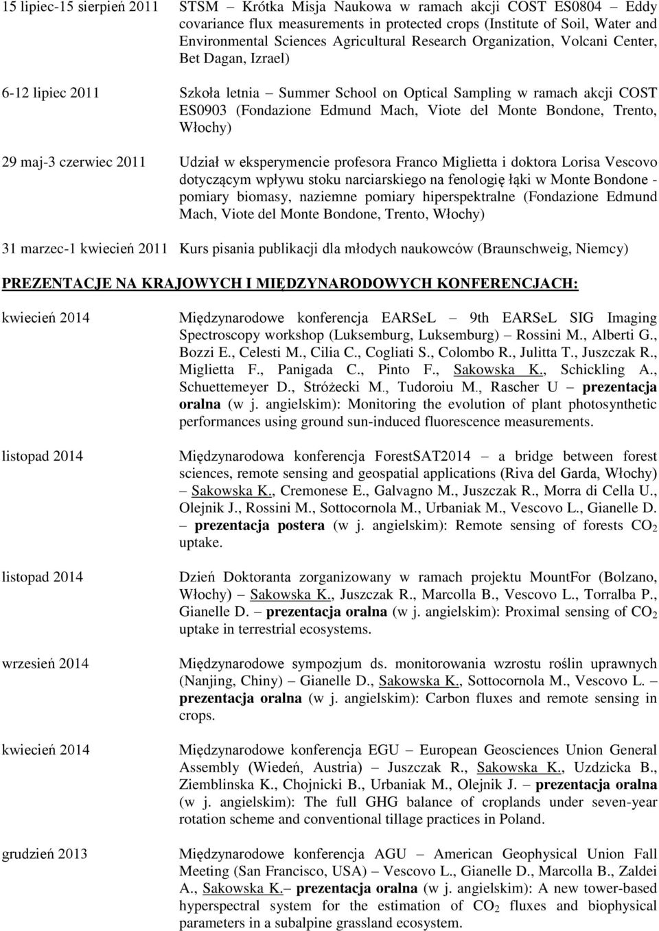 Trento, Włochy) 29 maj-3 czerwiec 2011 Udział w eksperymencie profesora Franco Miglietta i doktora Lorisa Vescovo dotyczącym wpływu stoku narciarskiego na fenologię łąki w Monte Bondone - pomiary