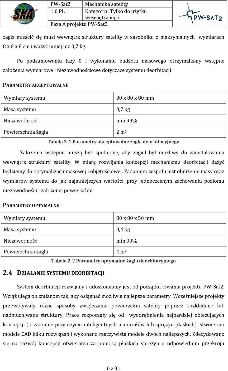 80 x 80 mm 0,7 kg Niezawodność min 99% Powierzchnia żagla 2 m 2 Tabela 2-1 Parametry akceptowalne żagla deorbitacyjnego Założenia wstępne muszą być spełnione, aby żagiel był możliwy do zainstalowania