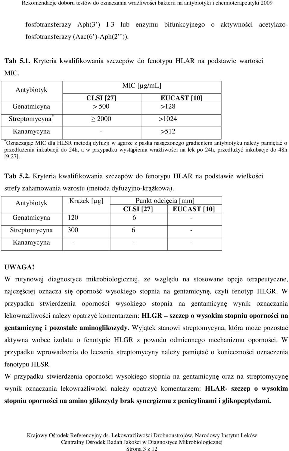 antybiotyku należy pamiętać o przedłużeniu inkubacji do 24h, a w przypadku wystąpienia wrażliwości na lek po 24h, przedłużyć inkubacje do 48h [9,27]. Tab 5.2. Kryteria kwalifikowania szczepów do fenotypu HLAR na podstawie wielkości strefy zahamowania wzrostu (metoda dyfuzyjno-krążkowa).