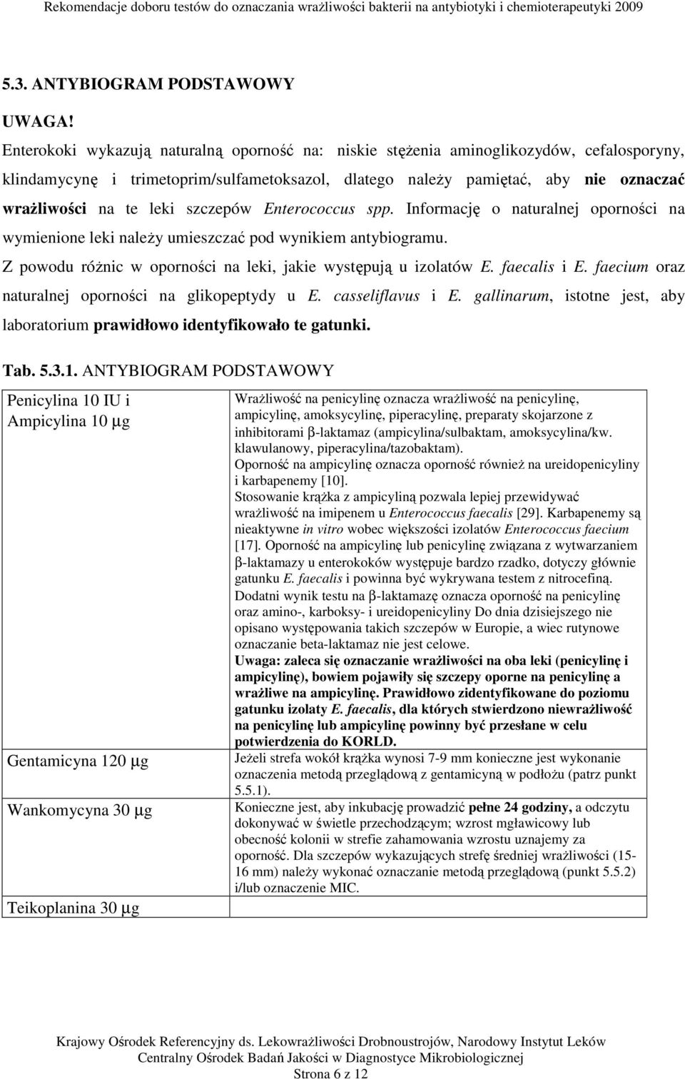 szczepów Enterococcus spp. Informację o naturalnej oporności na wymienione leki należy umieszczać pod wynikiem antybiogramu. Z powodu różnic w oporności na leki, jakie występują u izolatów E.