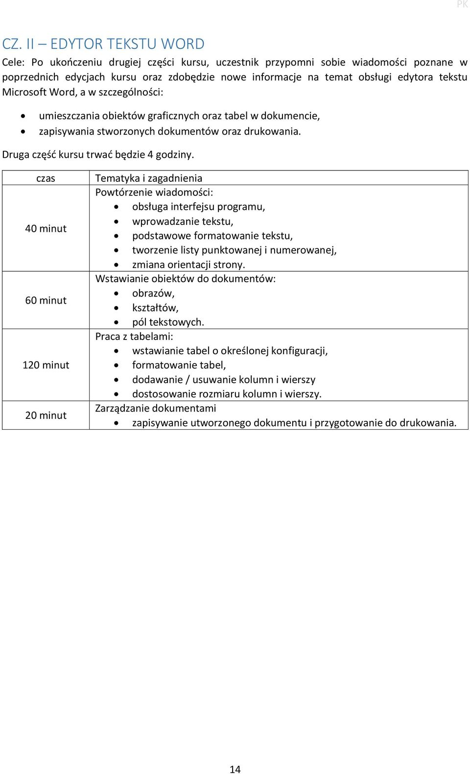 czas 40 minut 60 minut 120 minut 20 minut Tematyka i zagadnienia Powtórzenie wiadomości: obsługa interfejsu programu, wprowadzanie tekstu, podstawowe formatowanie tekstu, tworzenie listy punktowanej