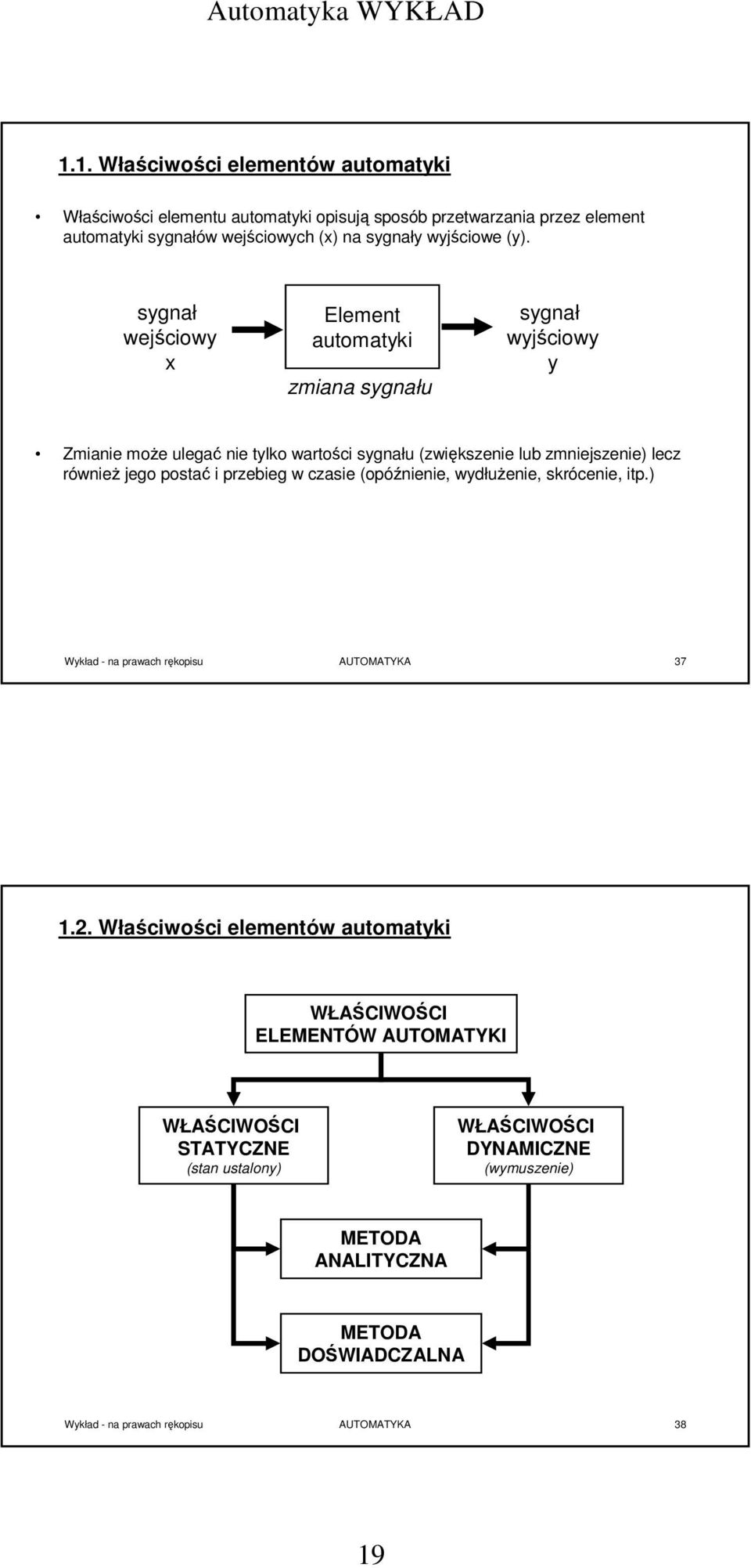 postać i przebieg w czasie (opóźnienie, wydłużenie, skrócenie, itp.) Wykład - na prawach rękopisu AUTOMATYKA 37 1.2.