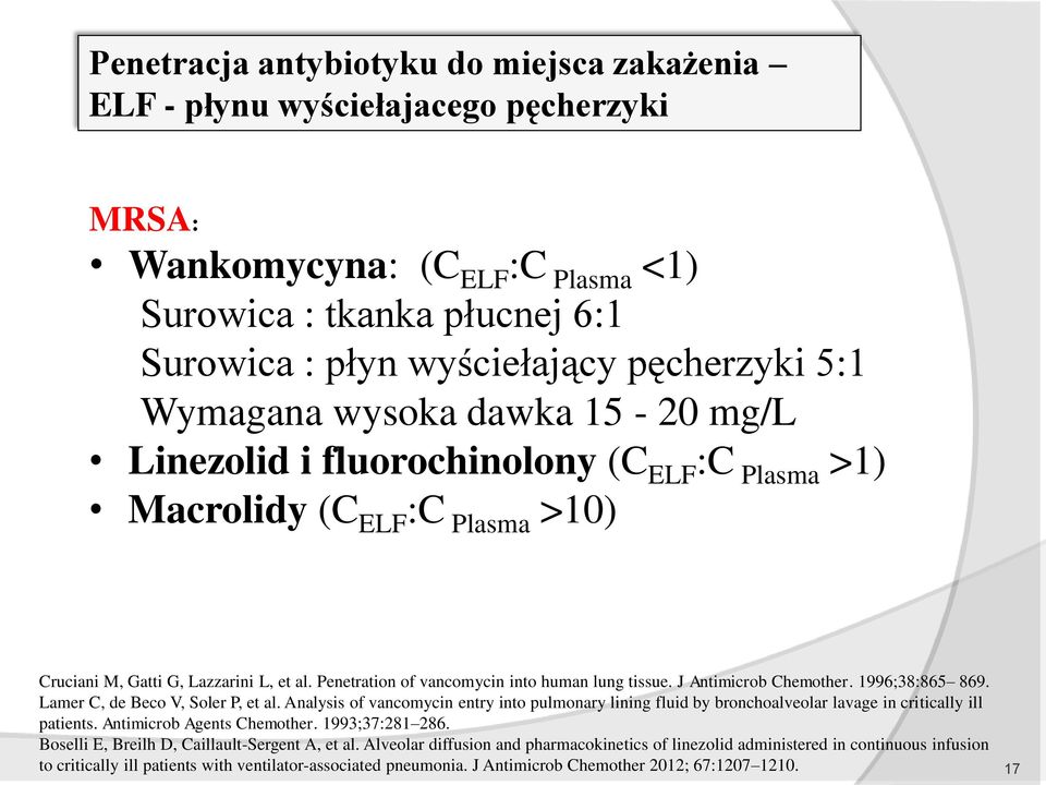 Penetration of vancomycin into human lung tissue. J Antimicrob Chemother. 1996;38:865 869. Lamer C, de Beco V, Soler P, et al.