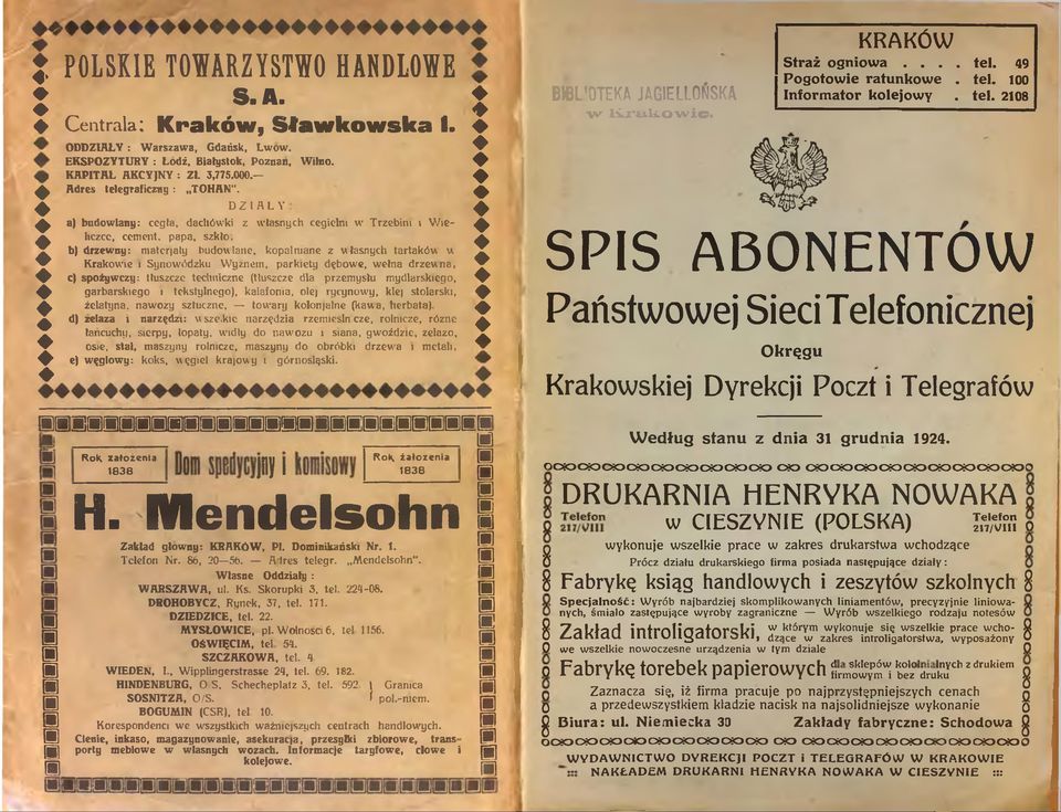 DZIAŁY: a) budowlany: cegła, dachówki z własnych cegielni w Trzebini i W ieliczce, cement, papa, szkło, b) drzewny: materiały budowlane, kopalniane z własnych tartaków u Krakowie i Synowódzku Wyznem,