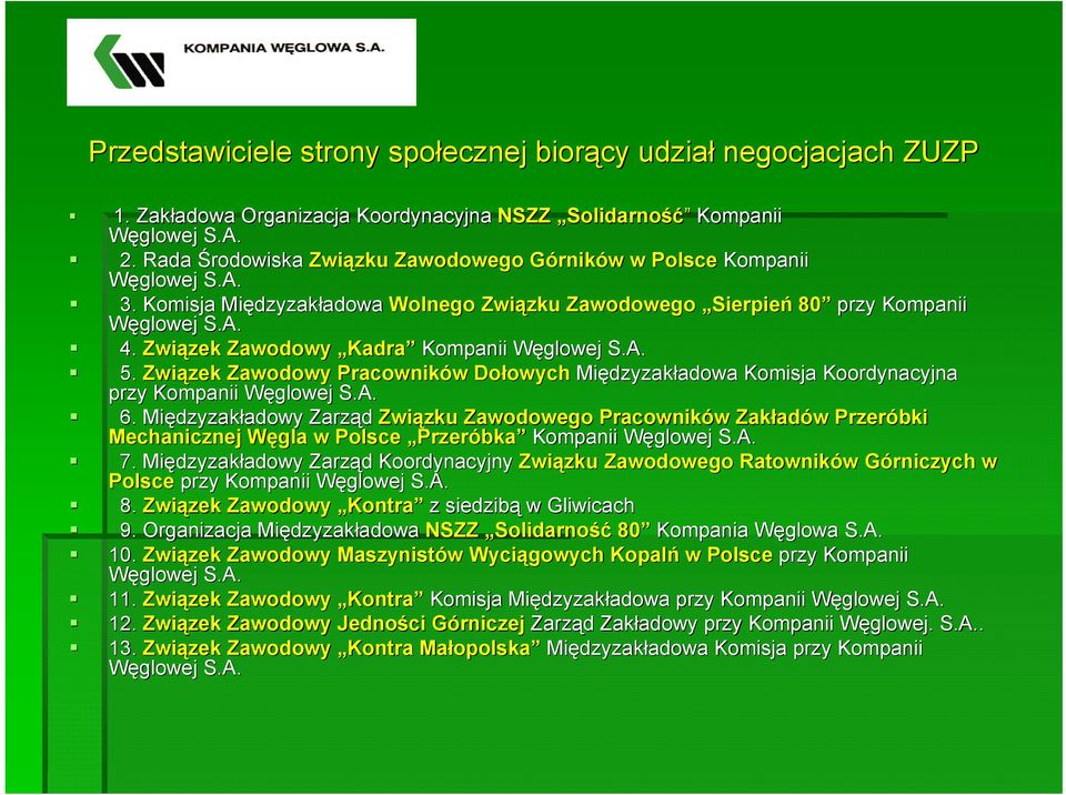 Związek Zawodowy Kadra Kompanii Węglowej W S.A. 5. Związek Zawodowy Pracowników w Dołowych owych Międzyzak dzyzakładowa adowa Komisja Koordynacyjna przy Kompanii Węglowej W S.A. 6.