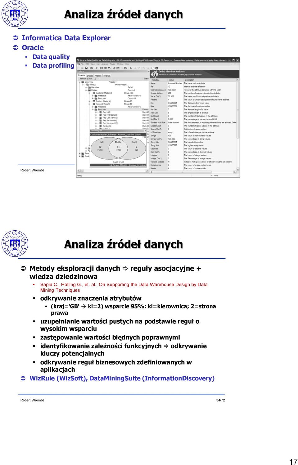 : On Supporting the Data Warehouse Design by Data Mining Techniques odkrywanie znaczenia atrybutów (kraj='gb' ki=2) wsparcie 95%: ki=kierownica; 2=strona prawa