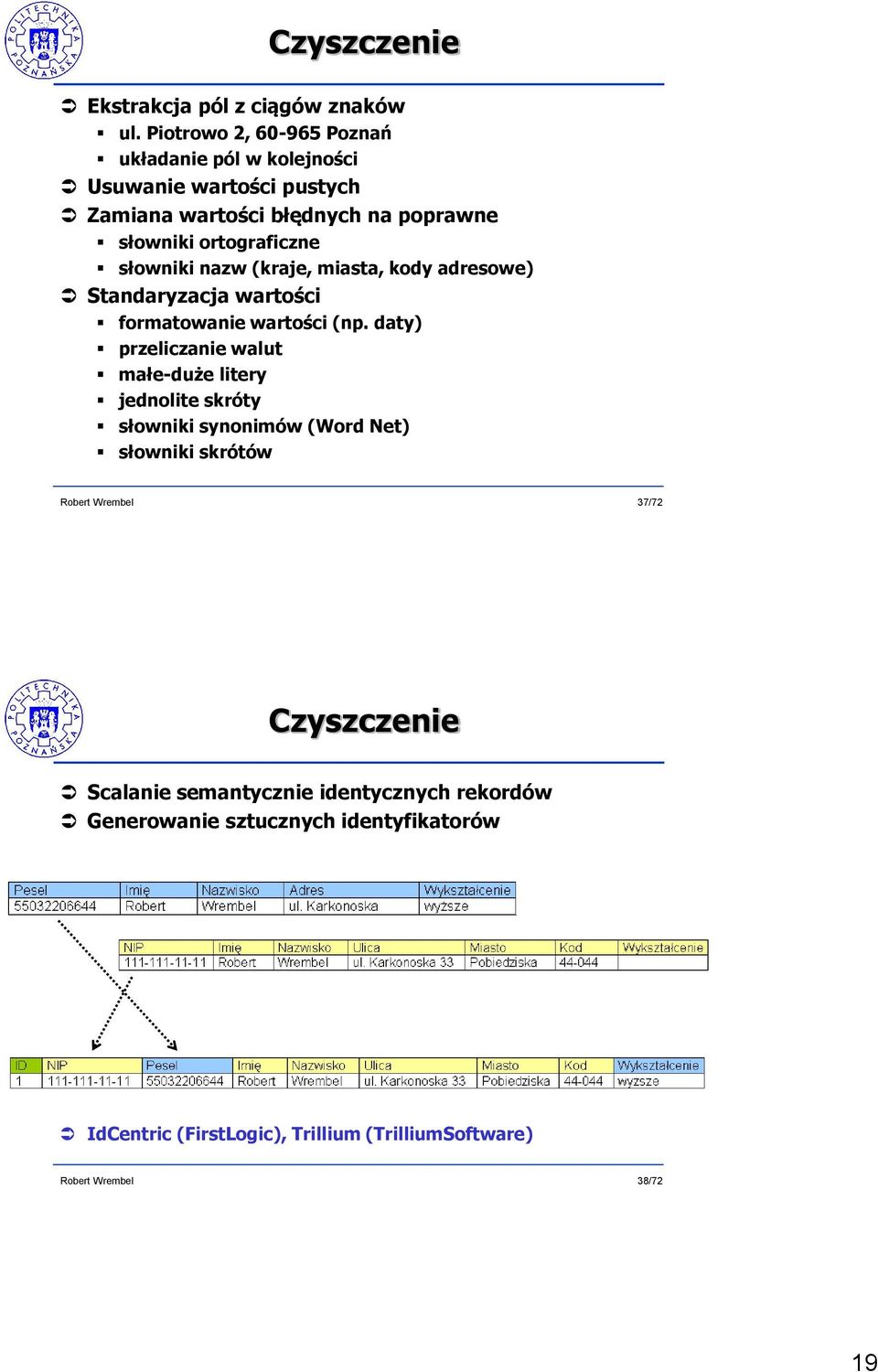 ortograficzne słowniki nazw (kraje, miasta, kody adresowe) Standaryzacja wartości formatowanie wartości (np.