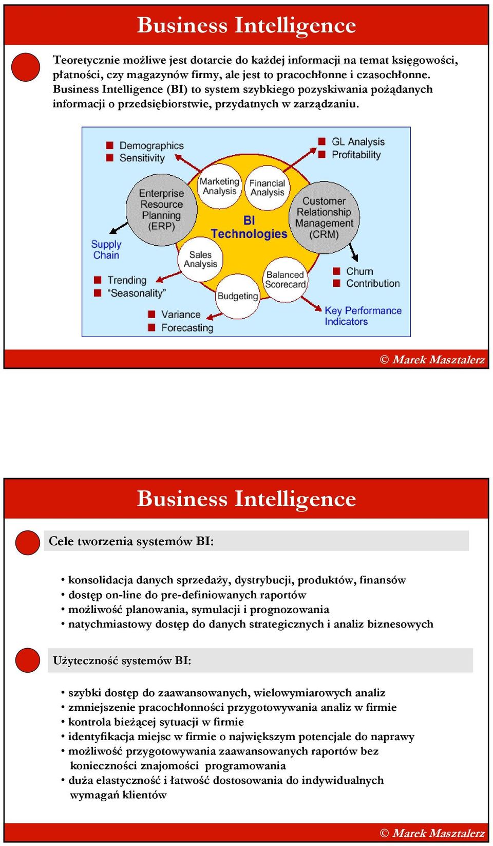 Cele tworzenia systemów BI: Business Intelligence konsolidacja danych sprzedaŝy, dystrybucji, produktów, finansów dostęp on-line do pre-definiowanych raportów moŝliwość planowania, symulacji i