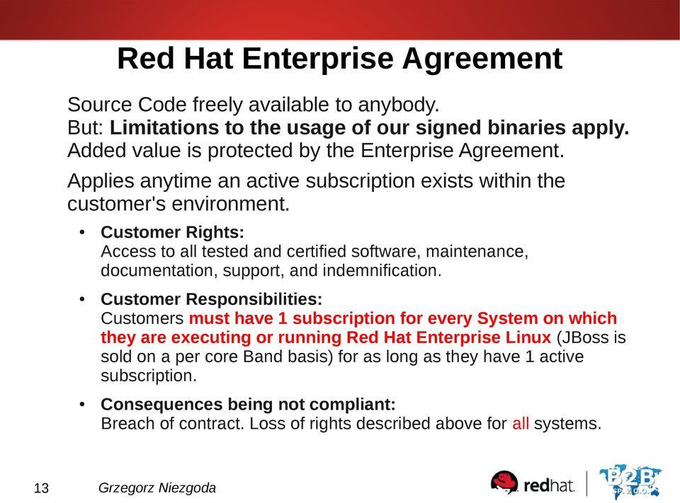 13 Customer Rights: Access to all tested and certified software, maintenance, documentation, support, and indemnification.