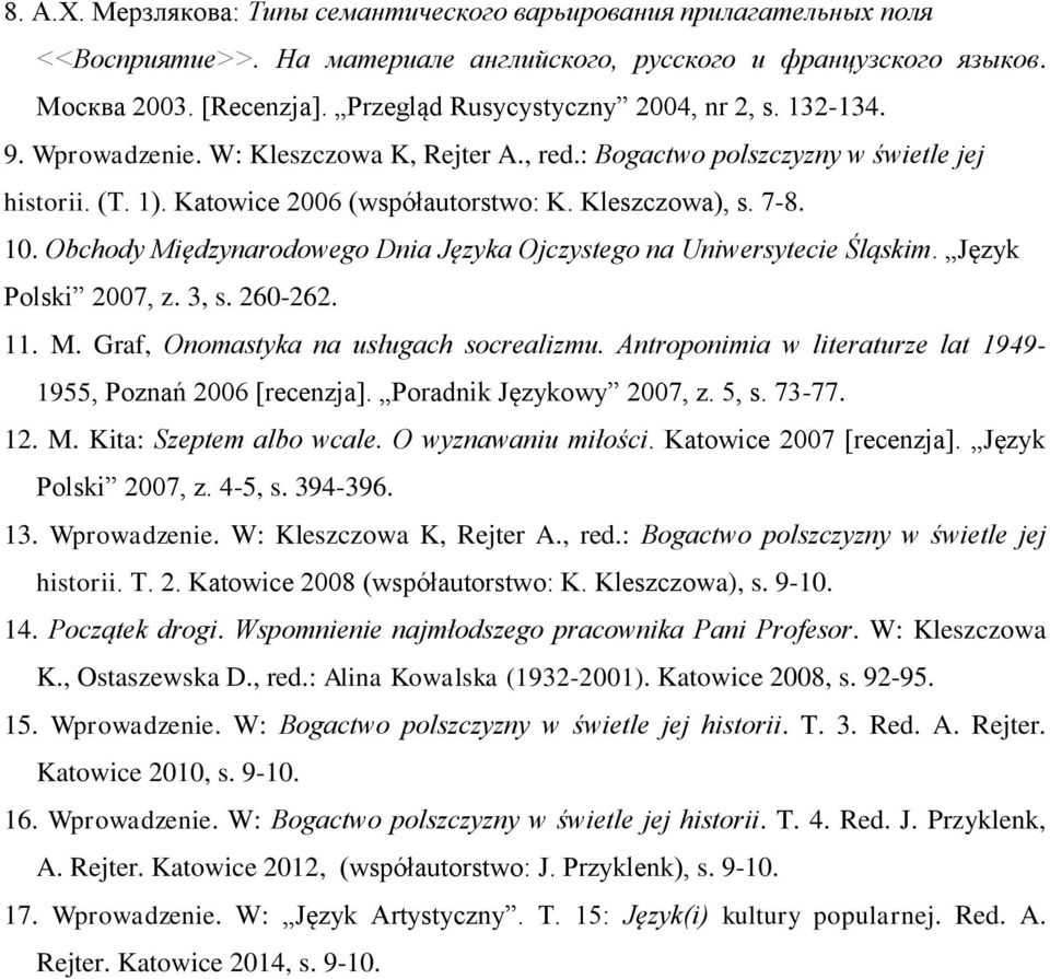 7-8. 10. Obchody Międzynarodowego Dnia Języka Ojczystego na Uniwersytecie Śląskim. Język Polski 2007, z. 3, s. 260-262. 11. M. Graf, Onomastyka na usługach socrealizmu.