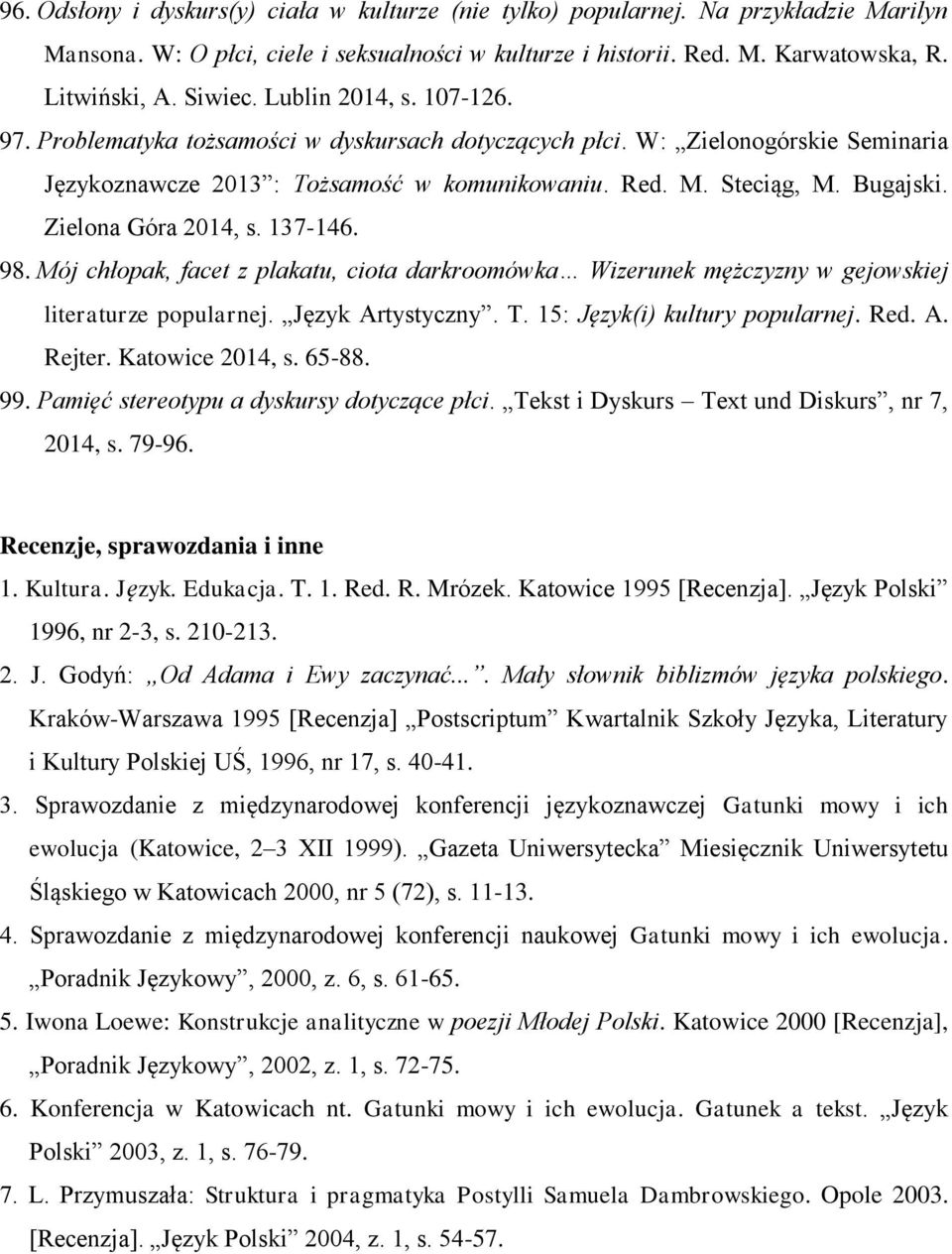 Zielona Góra 2014, s. 137-146. 98. Mój chłopak, facet z plakatu, ciota darkroomówka Wizerunek mężczyzny w gejowskiej literaturze popularnej. Język Artystyczny. T. 15: Język(i) kultury popularnej. Red.