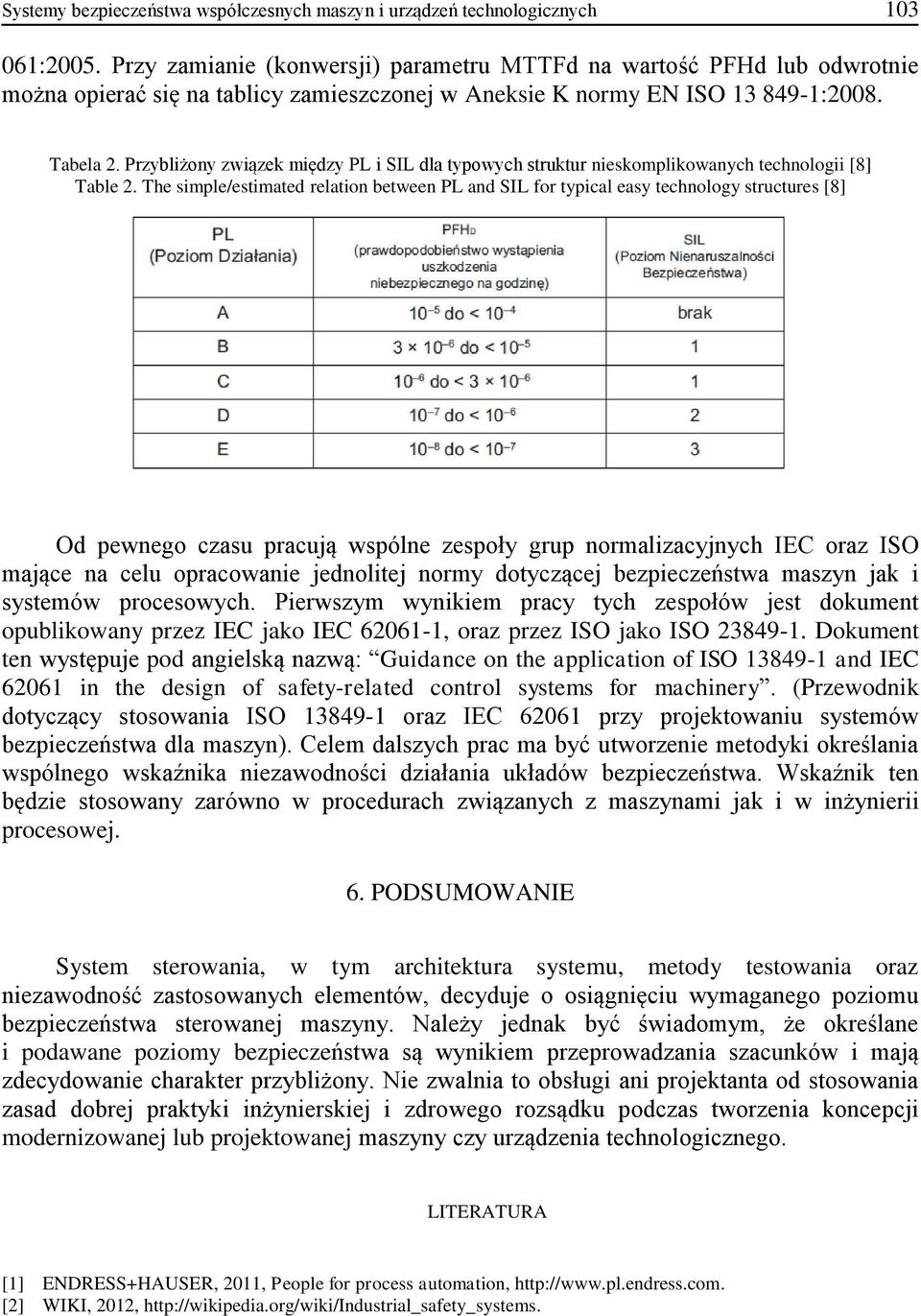 Przybliżony związek między PL i SIL dla typowych struktur nieskomplikowanych technologii [8] Table 2.