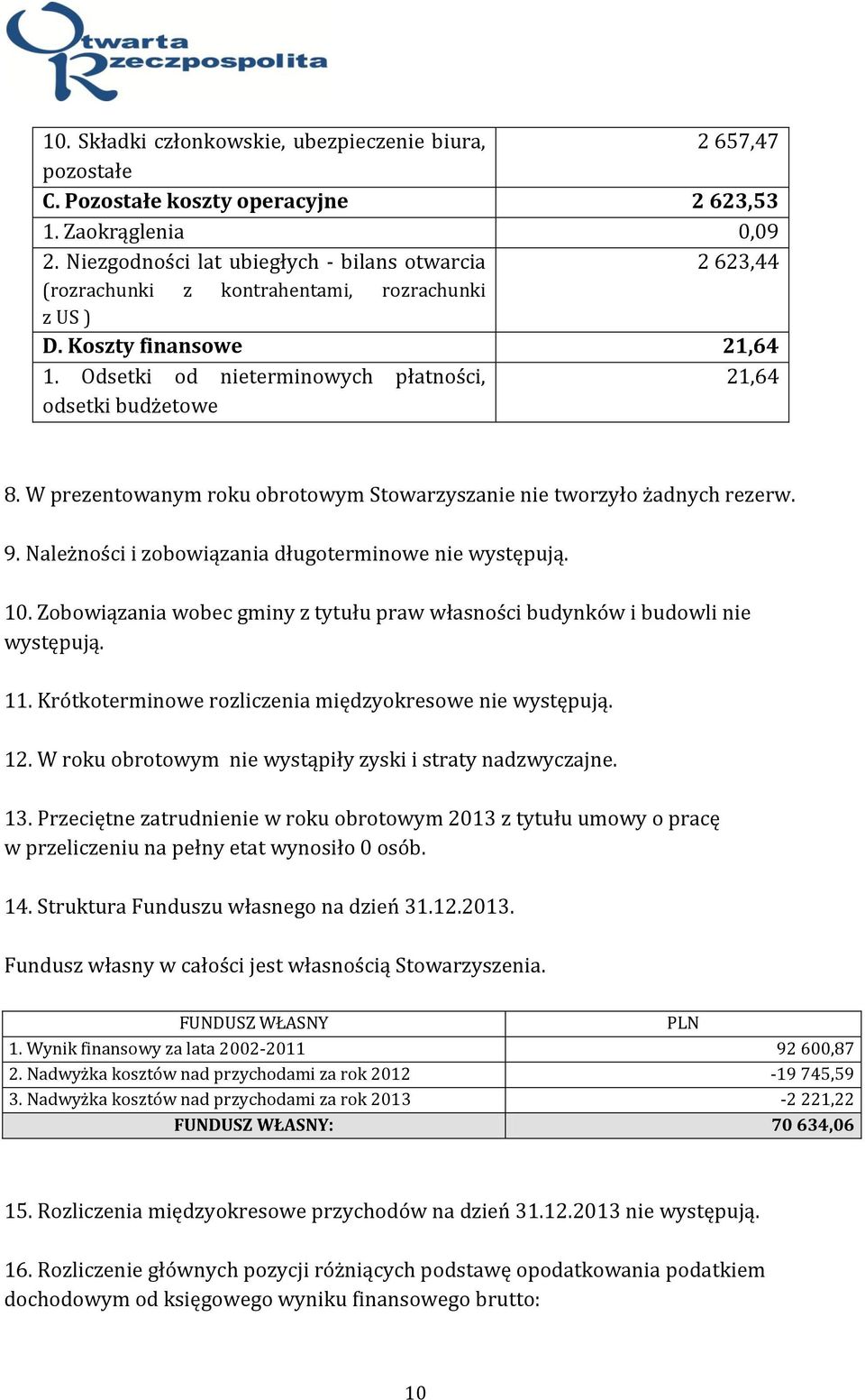 W prezentowanym roku obrotowym Stowarzyszanie nie tworzyło żadnych rezerw. 9. Należności i zobowiązania długoterminowe nie występują. 10.