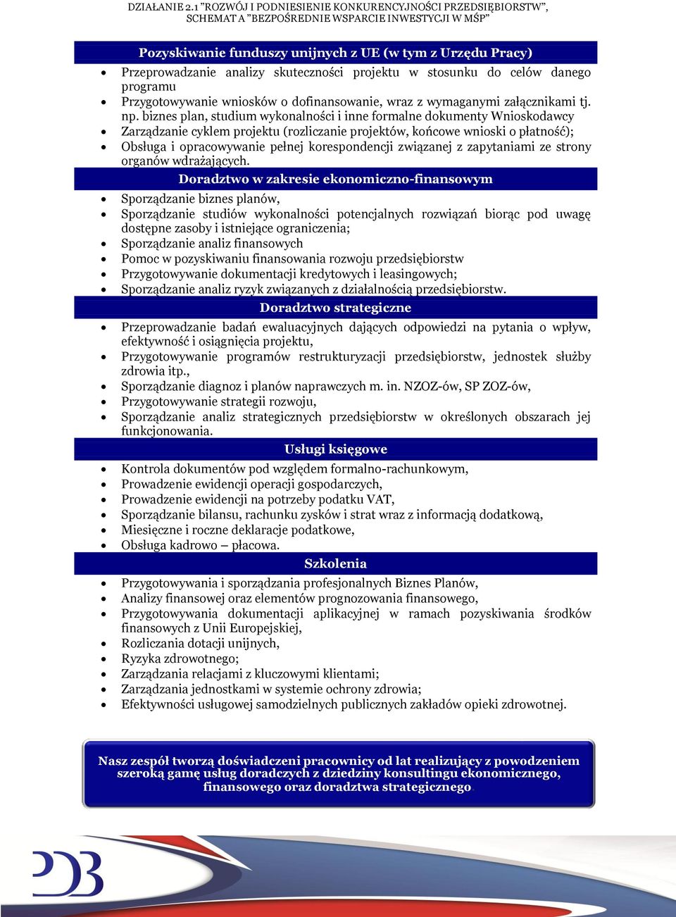 biznes plan, studium wykonalności i inne formalne dokumenty Wnioskodawcy Zarządzanie cyklem projektu (rozliczanie projektów, końcowe wnioski o płatność); Obsługa i opracowywanie pełnej korespondencji