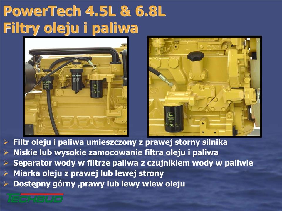 silnika Niskie lub wysokie zamocowanie filtra oleju i paliwa Separator