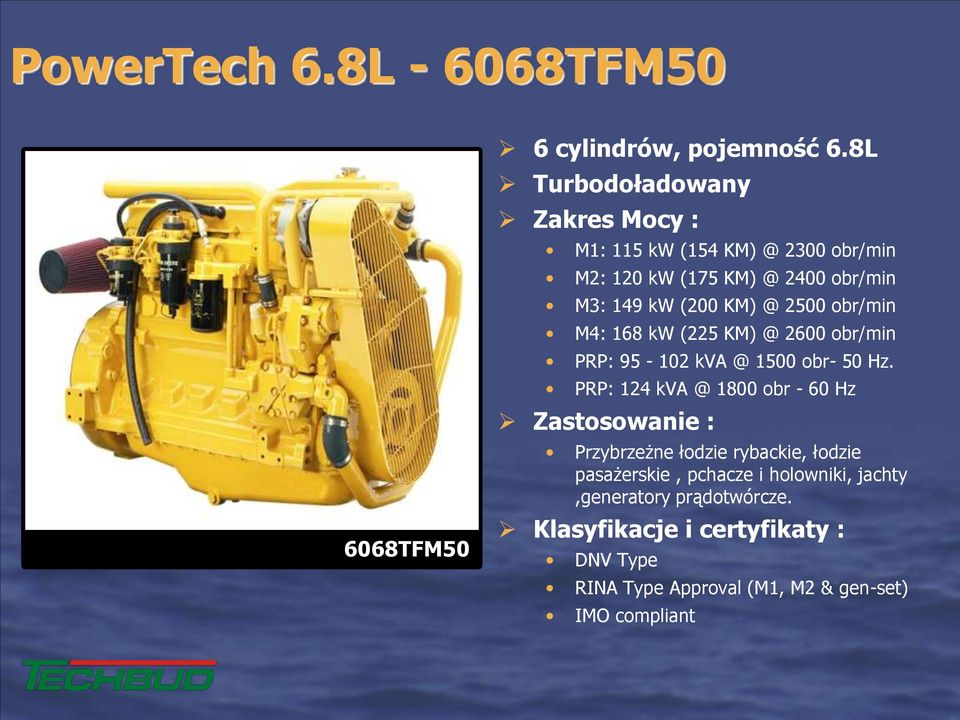 2500 obr/min M4: 168 kw (225 KM) @ 2600 obr/min PRP: 95-102 kva @ 1500 obr- 50 Hz.