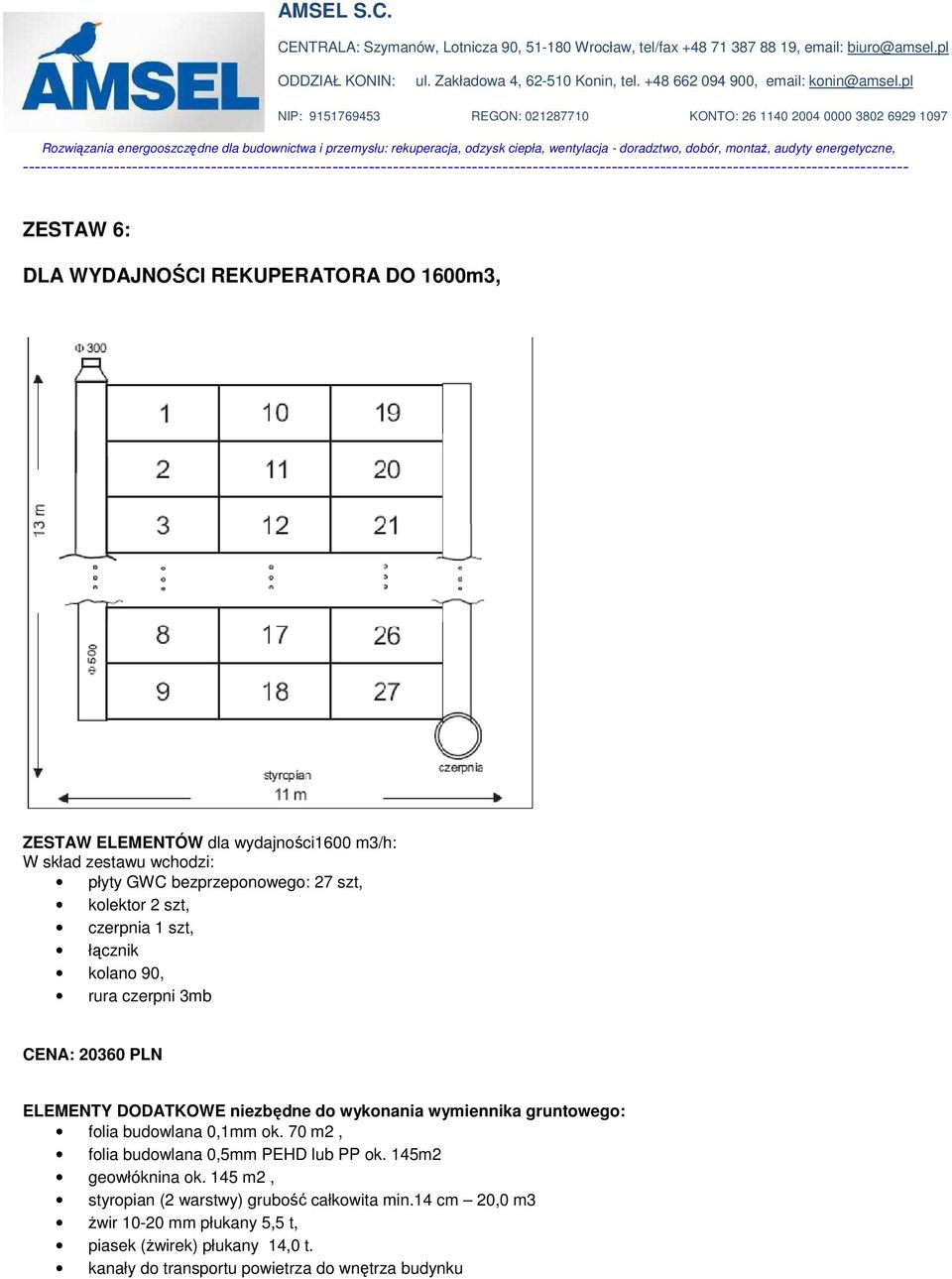 70 m2, folia budowlana 0,5mm PEHD lub PP ok. 145m2 geowłóknina ok.