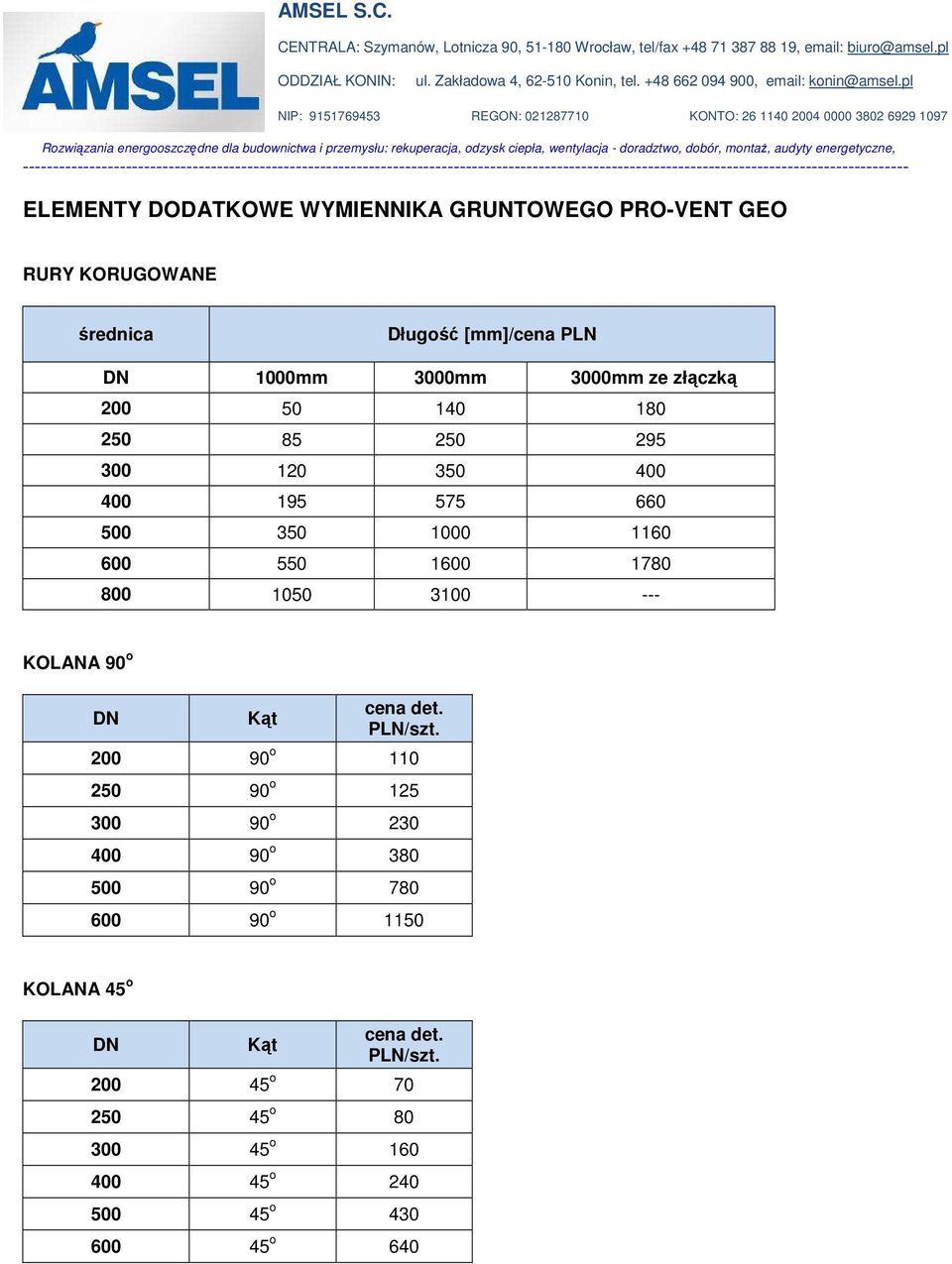 1050 3100 --- KOLANA 90 o DN Kąt cena det. PLN/szt.