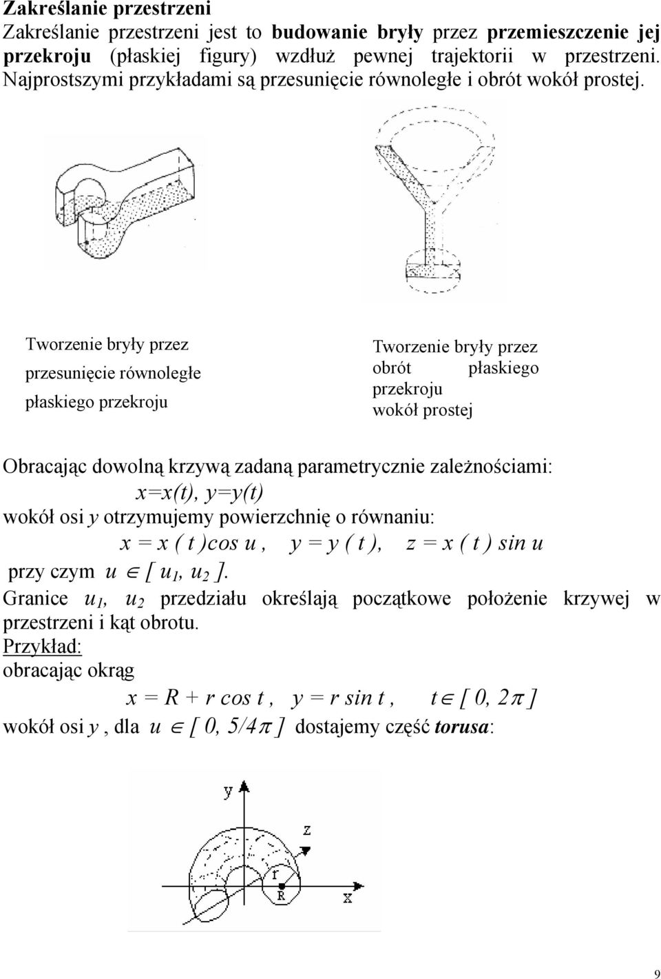 Tworzenie bryły przez przesunięcie równoległe płaskiego przekroju Tworzenie bryły przez obrót płaskiego przekroju wokół prostej Obracając dowolną krzywą zadaną parametrycznie zależnościami: x=x(t),