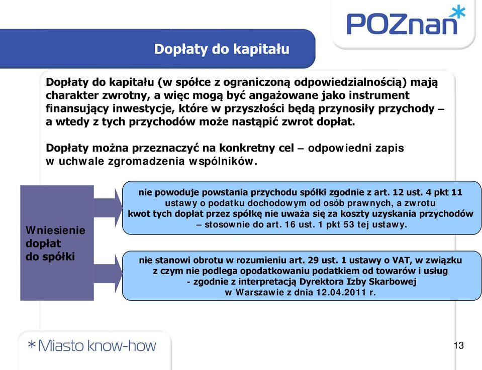 Wniesienie dopłat do spółki nie powoduje powstania przychodu spółki zgodnie z art. 12 ust.