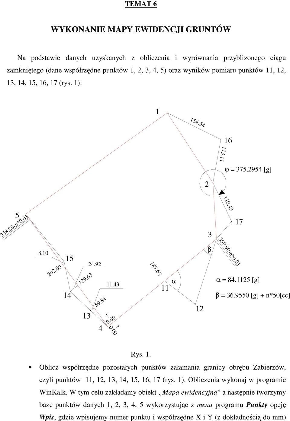 1125 [g] β = 36.9550 [g] + n*50[cc] Rys. 1. Oblicz współrzędne pozostałych punktów załamania granicy obrębu Zabierzów, czyli punktów 11, 12, 13, 14, 15, 16, 17 (rys. 1).