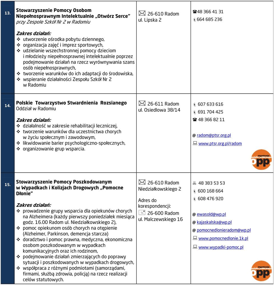 poprzez podejmowanie działań na rzecz wyrównywania szans osób niepełnosprawnych, tworzenie warunków do ich adaptacji do środowiska, wspieranie działalności Zespołu Szkół Nr 2 w Radomiu 14.