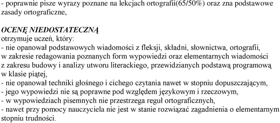 przewidzianych podstawą programową w klasie piątej, - nie opanował techniki głośnego i cichego czytania nawet w stopniu dopuszczającym, - jego wypowiedzi nie są poprawne pod względem