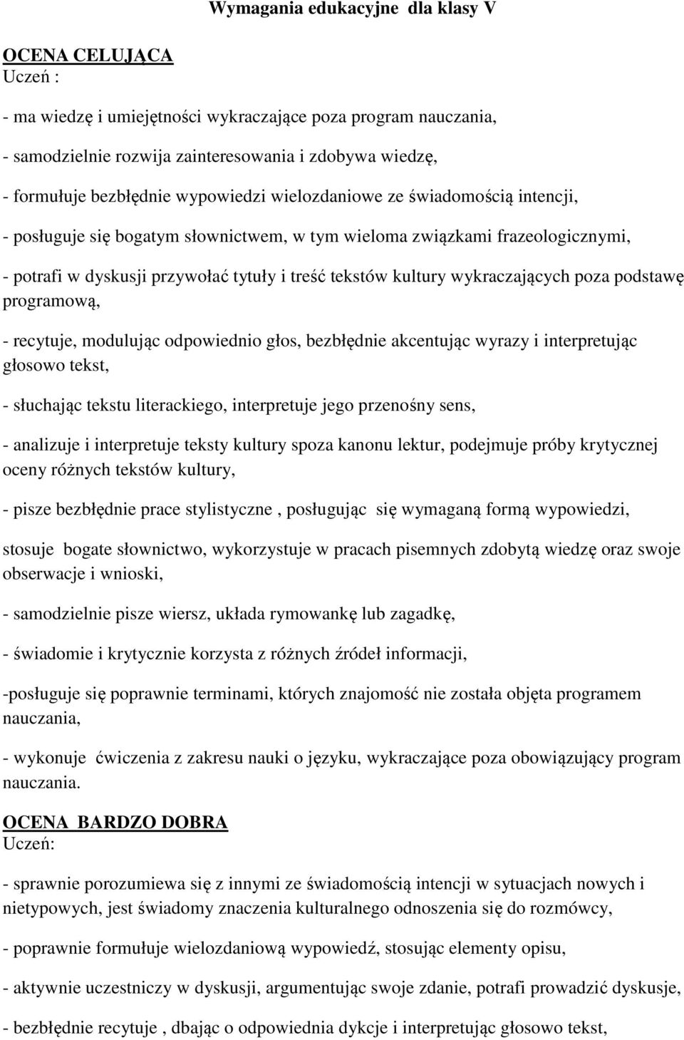 wykraczających poza podstawę programową, - recytuje, modulując odpowiednio głos, bezbłędnie akcentując wyrazy i interpretując głosowo tekst, - słuchając tekstu literackiego, interpretuje jego