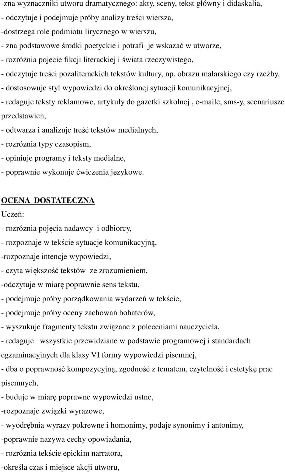 obrazu malarskiego czy rzeźby, - dostosowuje styl wypowiedzi do określonej sytuacji komunikacyjnej, - redaguje teksty reklamowe, artykuły do gazetki szkolnej, e-maile, sms-y, scenariusze