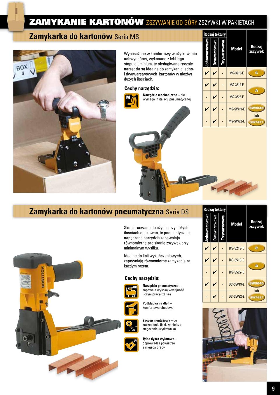 Narzędzie mechaniczne nie wymaga instalacji pneumatycznej Rodzaj tektury Jednowarstwowa Dwuwarstwowa Trzywarstwowa 4 4 - MS-3219-E 4 4 - MS-3519-E - 4 - MS-3522-E 4 4 - MS-SW19-E - 4 - MS-SW22-E