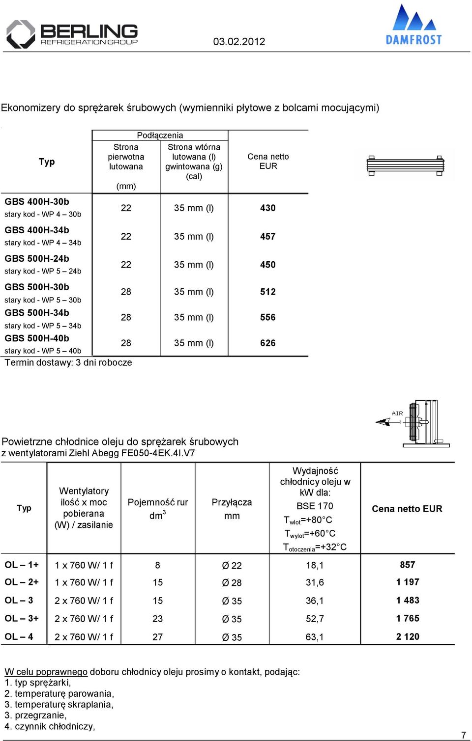 34b GBS 500H-40b stary kod - WP 5 40b 28 28 28 35 mm (l) 35 mm (l) 35 mm (l) 512 556 626 Termin dostawy: 3 dni robocze Powietrzne chłodnice oleju do sprężarek śrubowych z wentylatorami Ziehl Abegg