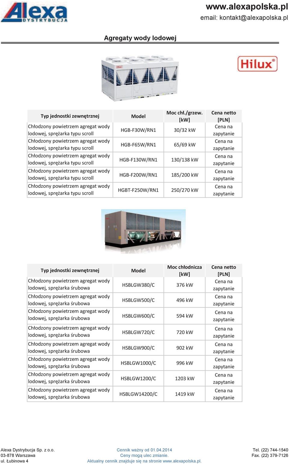 30/32 kw 65/69 kw 130/138 kw 185/200 kw 250/270 kw Cena netto Typ jednostki zewnętrznej