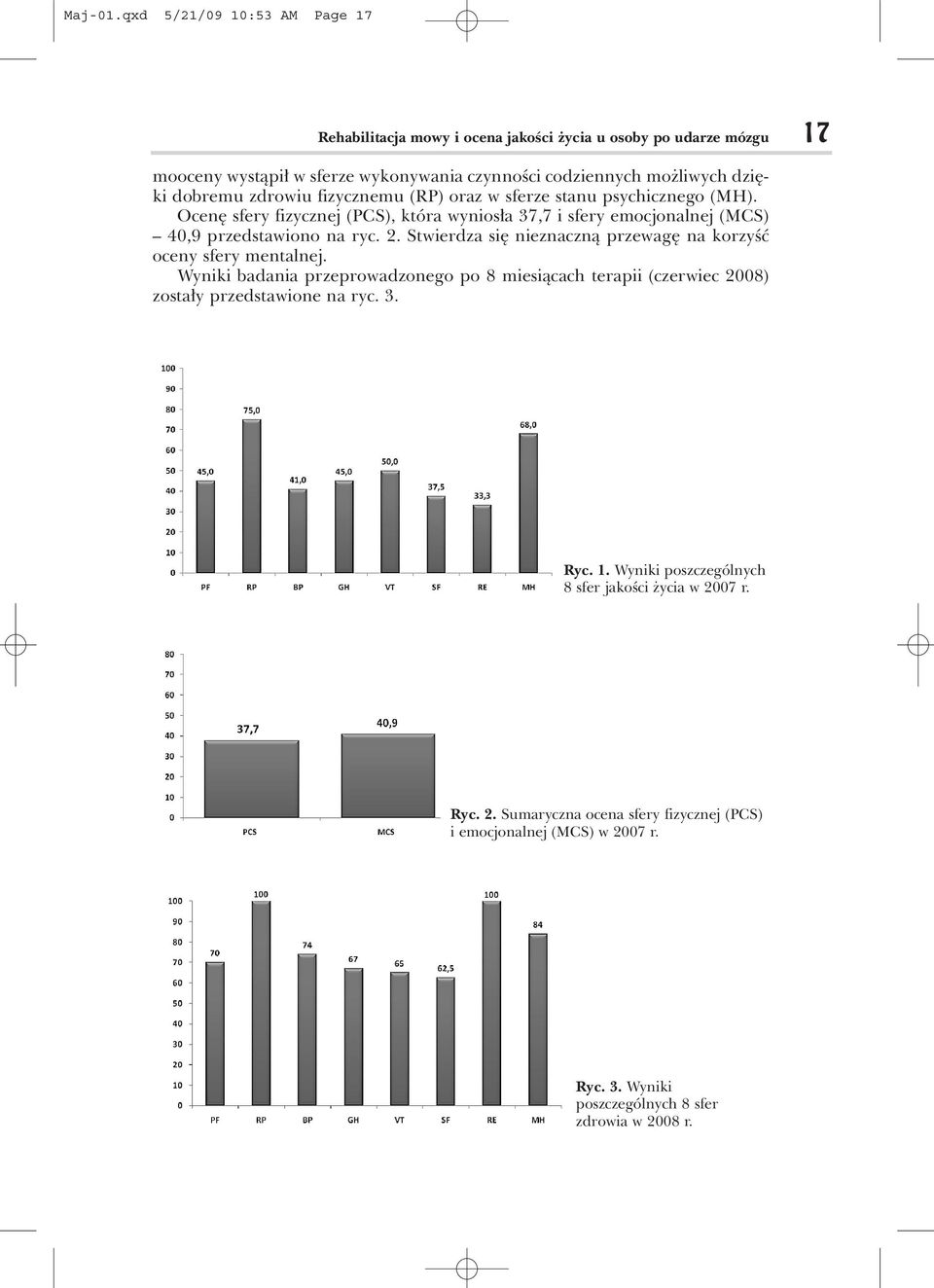 zdrowiu fizycznemu (RP) oraz w sferze stanu psychicznego (MH). Ocenê sfery fizycznej (PCS), która wynios³a 37,7 i sfery emocjonalnej (MCS) 40,9 przedstawiono na ryc. 2.