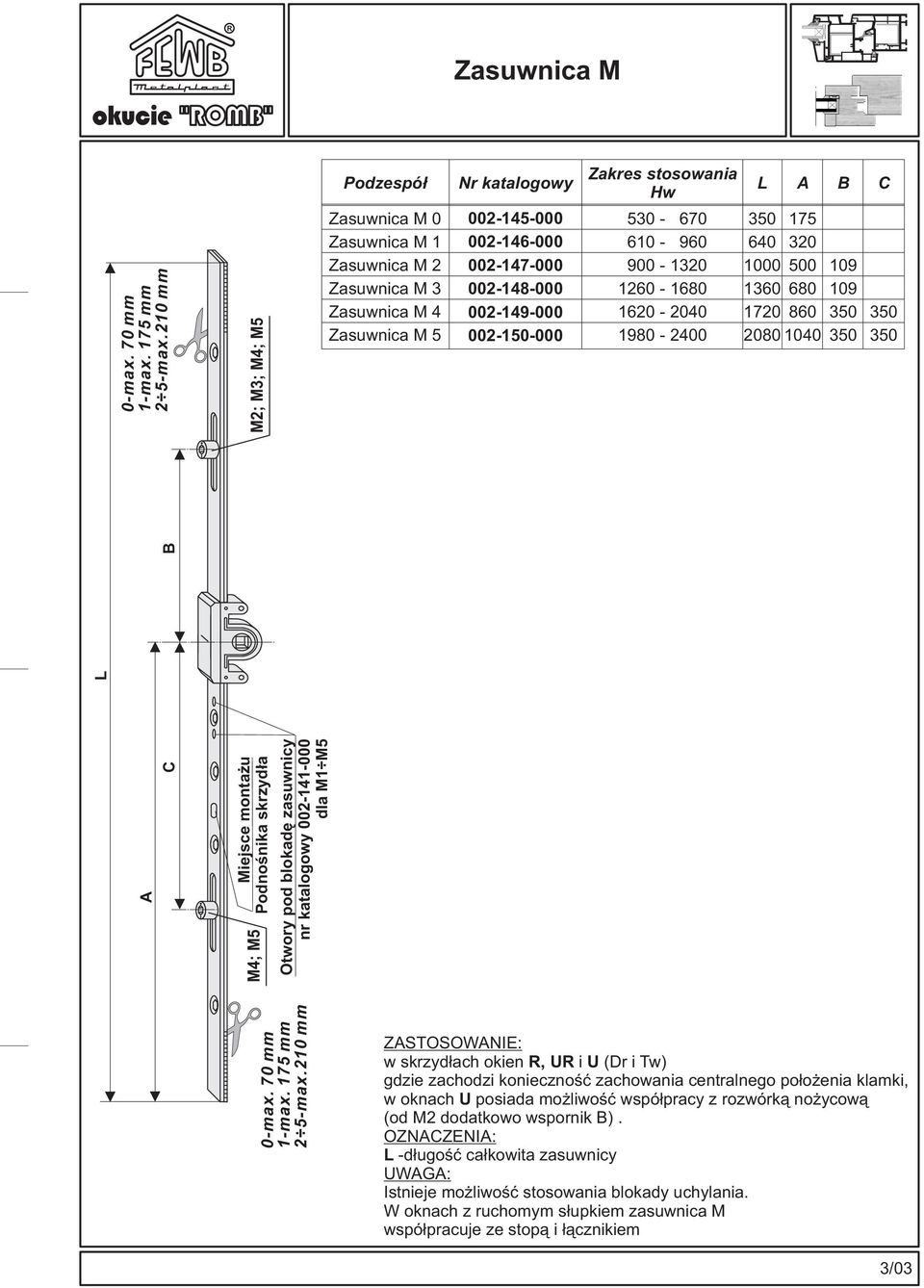 002-150-000 Zakres stosowania Hw 530-670 610-960 900-1320 1260-1680 1620-2040 1980-2400 L A B 350 175 640 320 1000 500 109 1360 680 109 1720 860 350 2080 1040 350 C 350 350 B L A C M4; M5 Miejsce