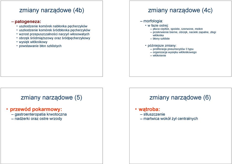 mokre przekrwienie bierne, obrzęk, nacieki zapalne, złogi włóknika błony szkliste późniejsze zmiany: proliferacja pneumocytów II typu organizacja wysięku włóknikowego