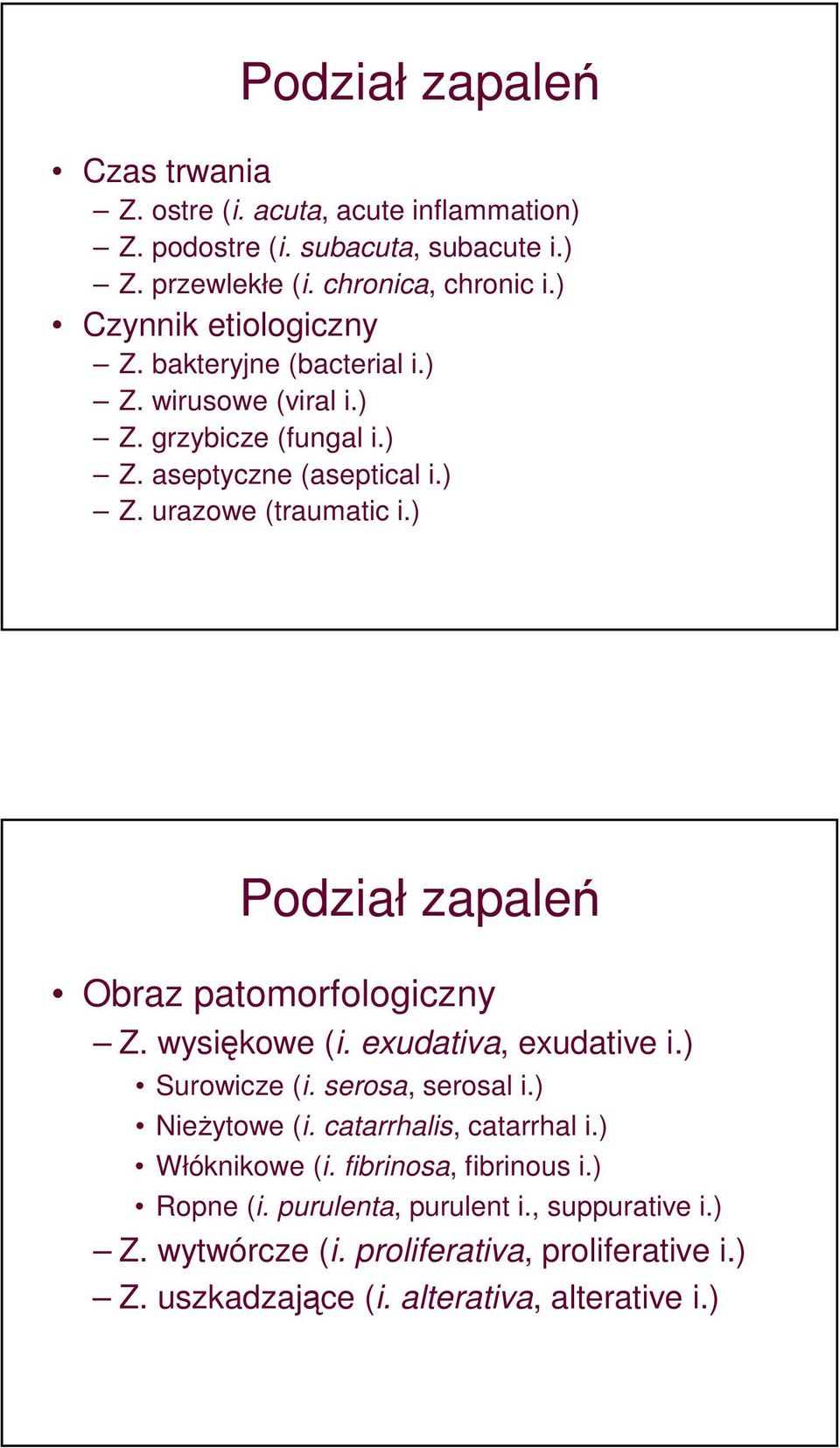 ) Podział zapaleń Obraz patomorfologiczny Z. wysiękowe (i. exudativa, exudative i.) Surowicze (i. serosa, serosal i.) Nieżytowe (i. catarrhalis, catarrhal i.