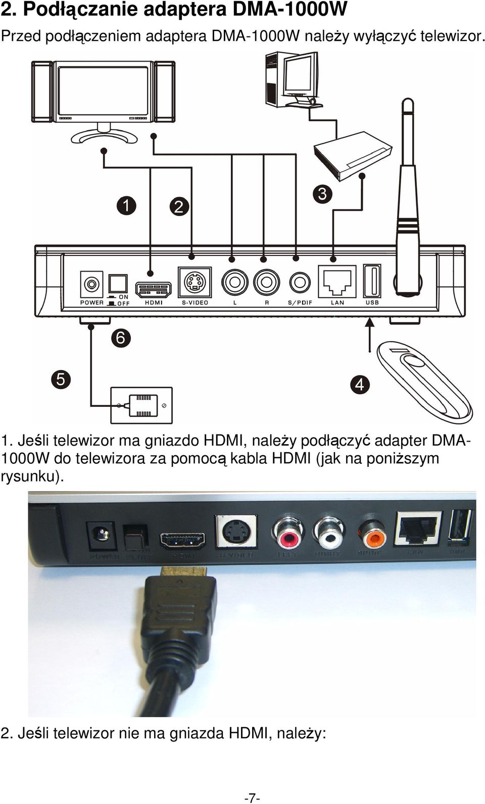 Jeśli telewizor ma gniazdo HDMI, należy podłączyć adapter DMA- 1000W do
