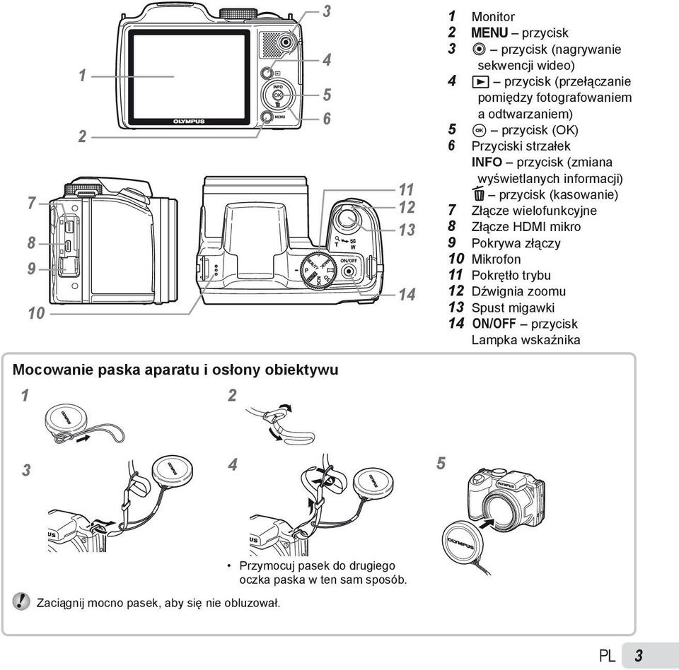 Złącze wielofunkcyjne 8 Złącze HDMI mikro 9 Pokrywa złączy 10 Mikrofon 11 Pokrętło trybu 12 Dźwignia zoomu 13 Spust migawki 14 n przycisk Lampka