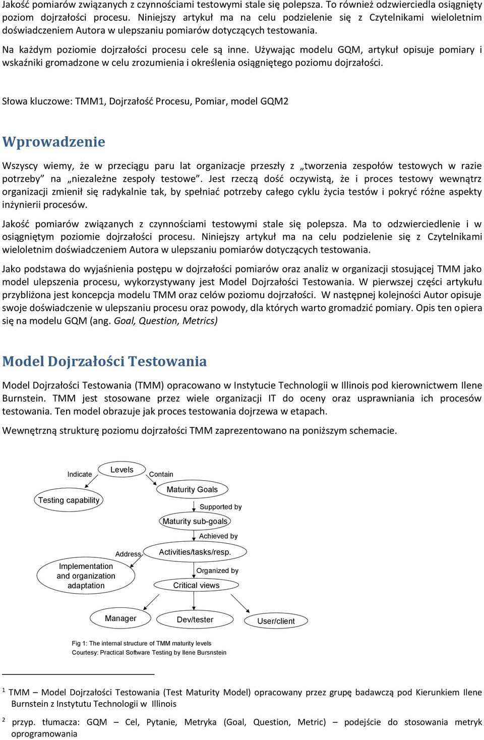 Używając modelu GQM, artykuł opisuje pomiary i wskaźniki gromadzone w celu zrozumienia i określenia osiągniętego poziomu dojrzałości.