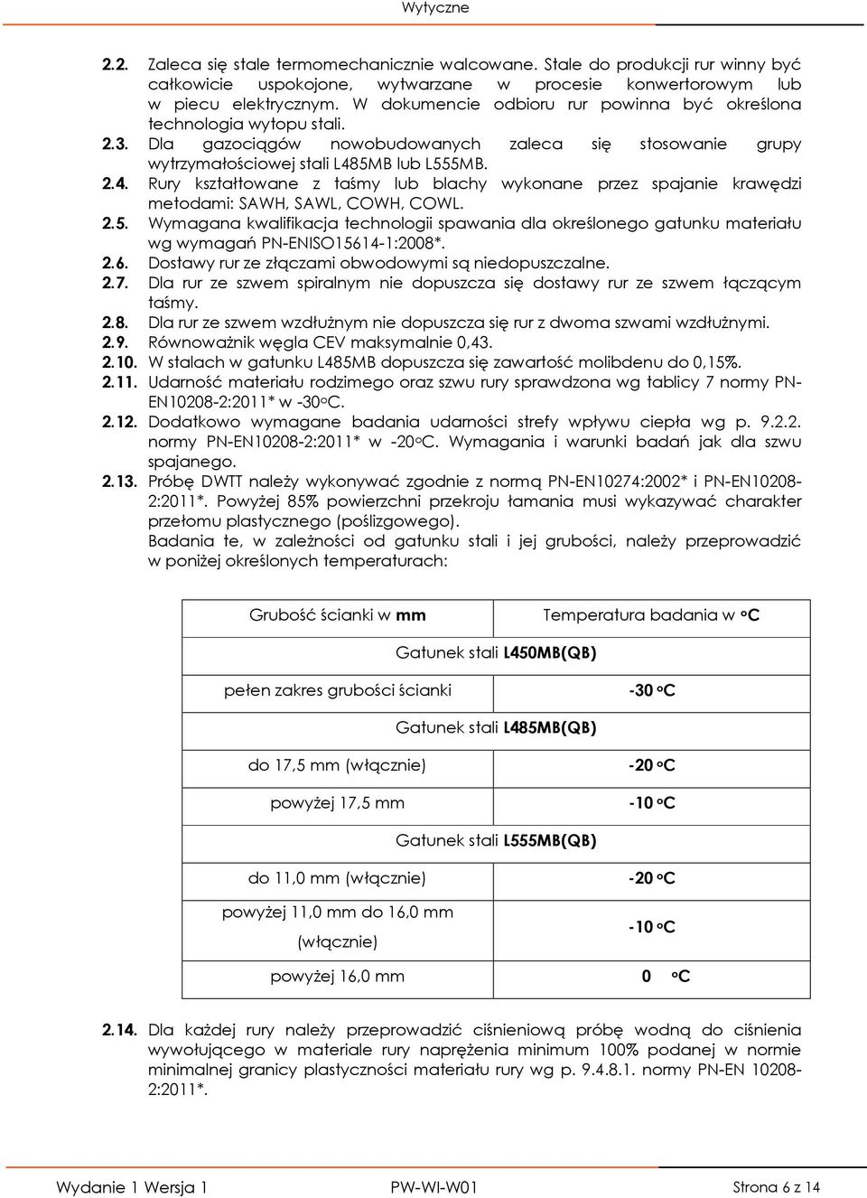 5MB lub L555MB. 2.4. Rury kształtowane z taśmy lub blachy wykonane przez spajanie krawędzi metodami: SAWH, SAWL, COWH, COWL. 2.5. Wymagana kwalifikacja technologii spawania dla określonego gatunku materiału wg wymagań PN-ENISO15614-1:2008*.