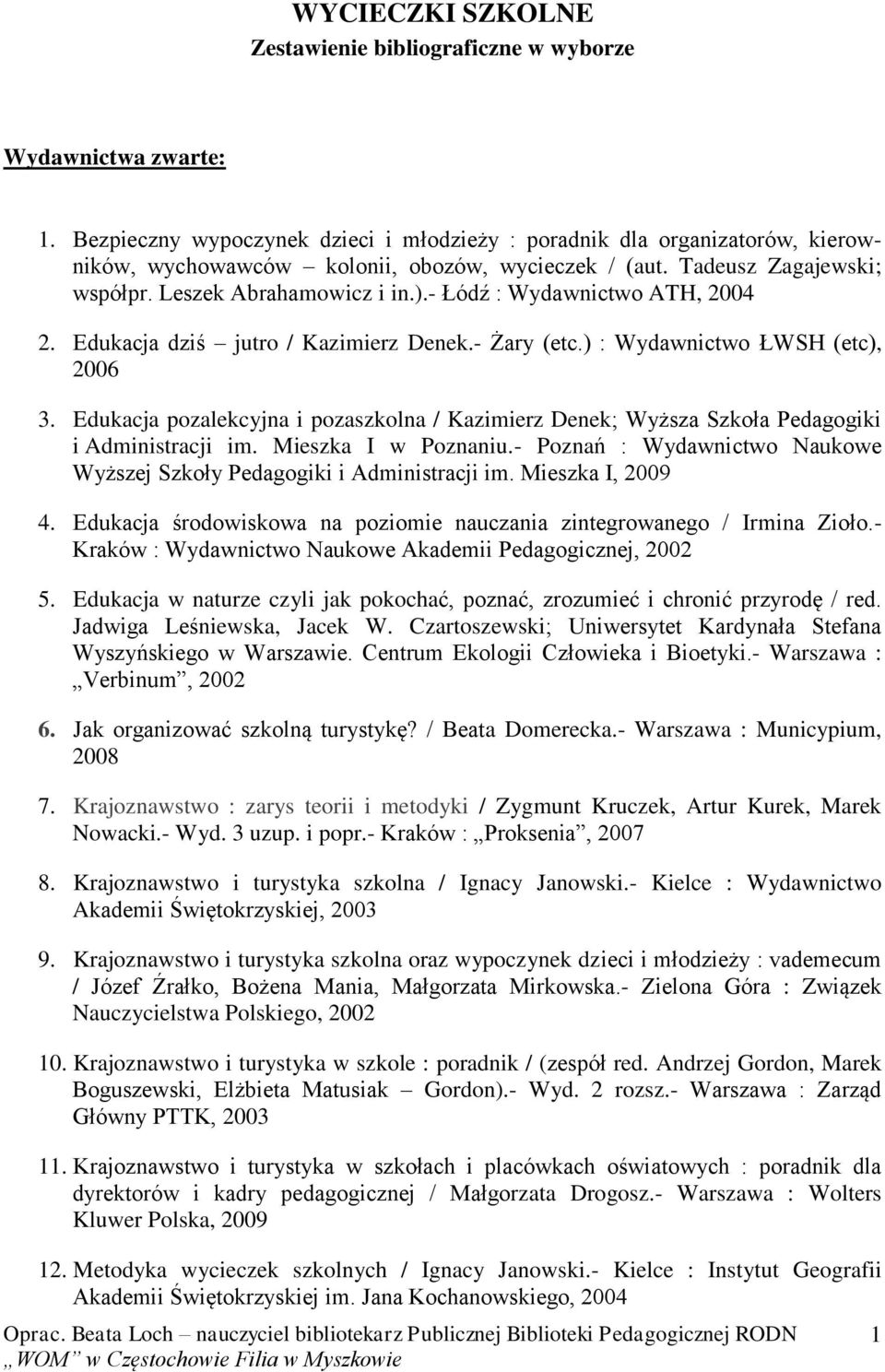 - Łódź : Wydawnictwo ATH, 2004 2. Edukacja dziś jutro / Kazimierz Denek.- Żary (etc.) : Wydawnictwo ŁWSH (etc), 2006 3.