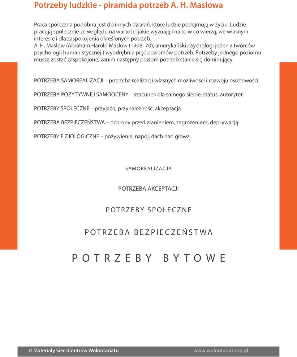 Maslow (Abraham Harold Maslow (1908 70), amerykański psycholog; jeden z twórców psychologii humanistycznej;) wyodrębnia pięć poziomów potrzeb.