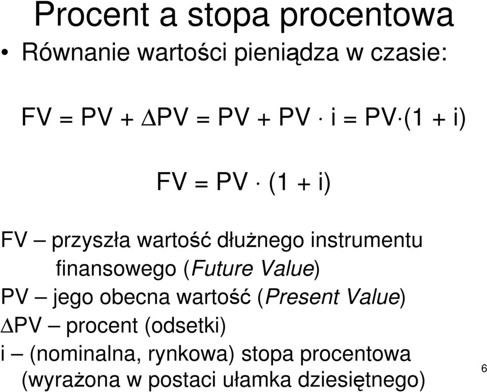 finansowego (Future Value) PV jego obecna wartość (Present Value) PV procent