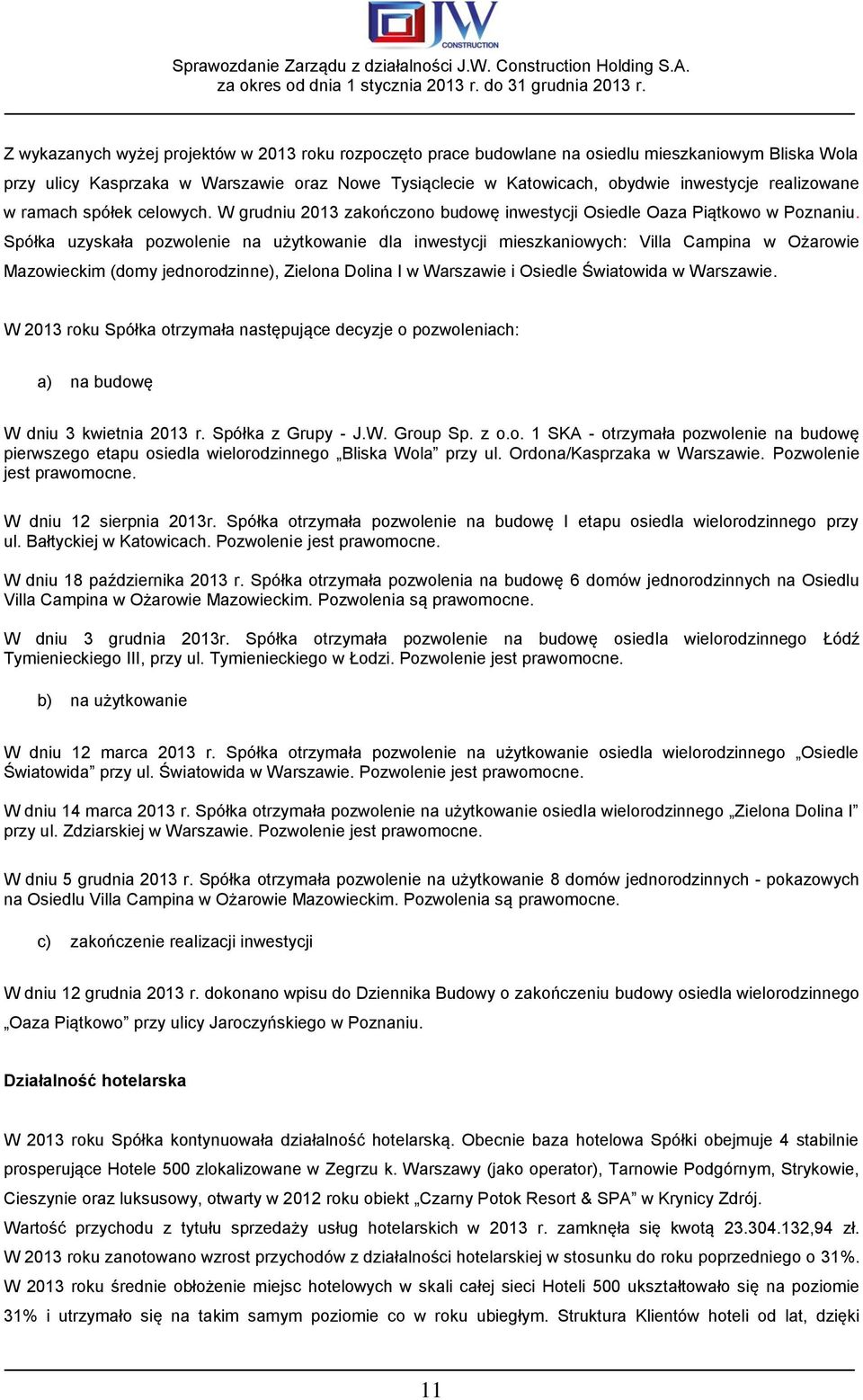 Spółka uzyskała pozwolenie na użytkowanie dla inwestycji mieszkaniowych: Villa Campina w Ożarowie Mazowieckim (domy jednorodzinne), Zielona Dolina I w Warszawie i Osiedle Światowida w Warszawie.