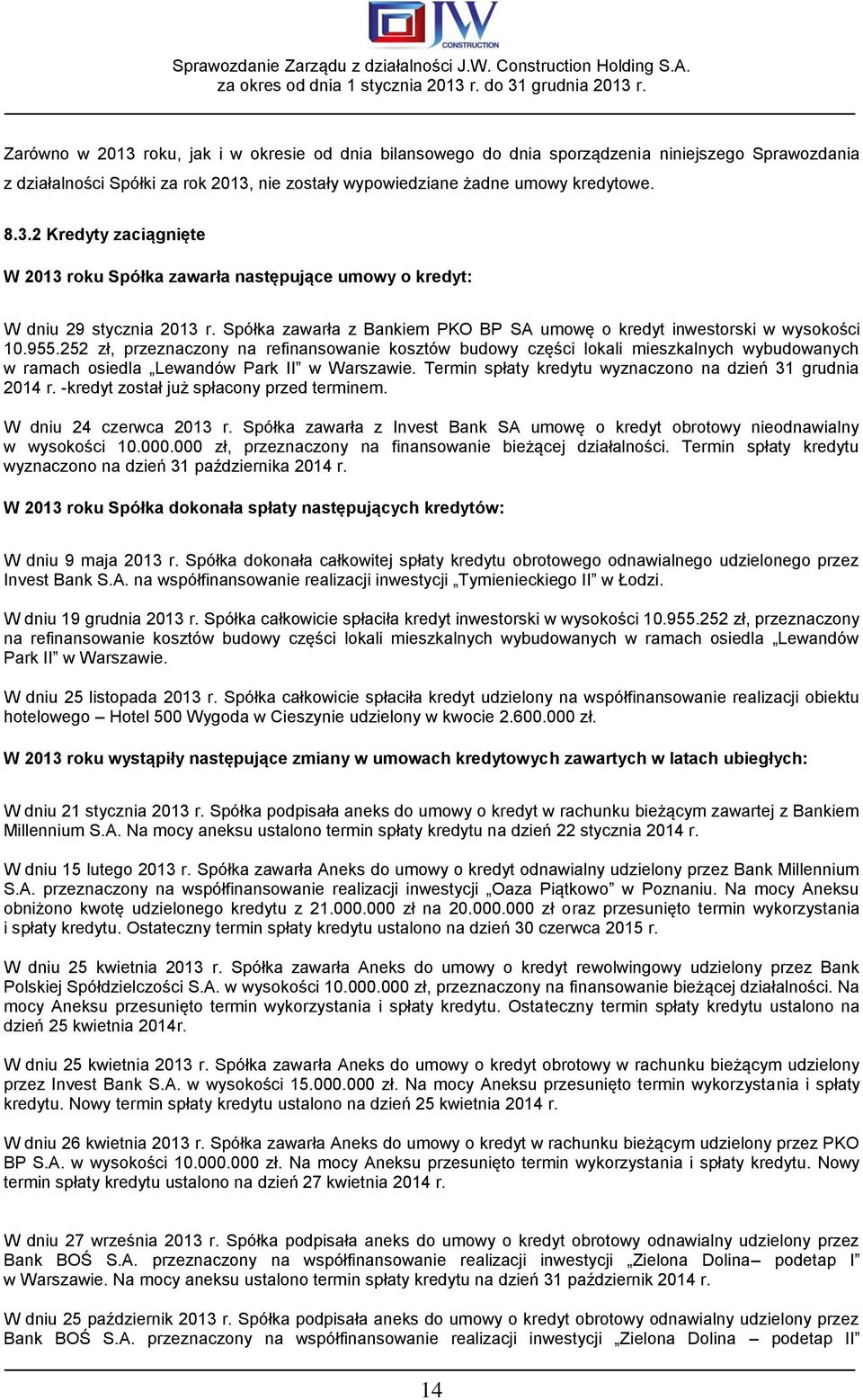 252 zł, przeznaczony na refinansowanie kosztów budowy części lokali mieszkalnych wybudowanych w ramach osiedla Lewandów Park II w Warszawie.