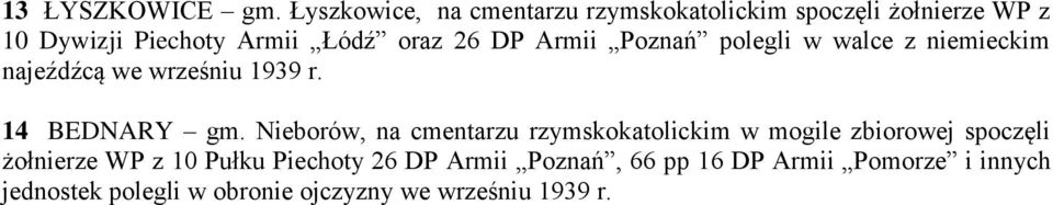 DP Armii Poznań polegli w walce z niemieckim najeźdźcą we wrześniu 1939 r. 14 BEDNARY gm.