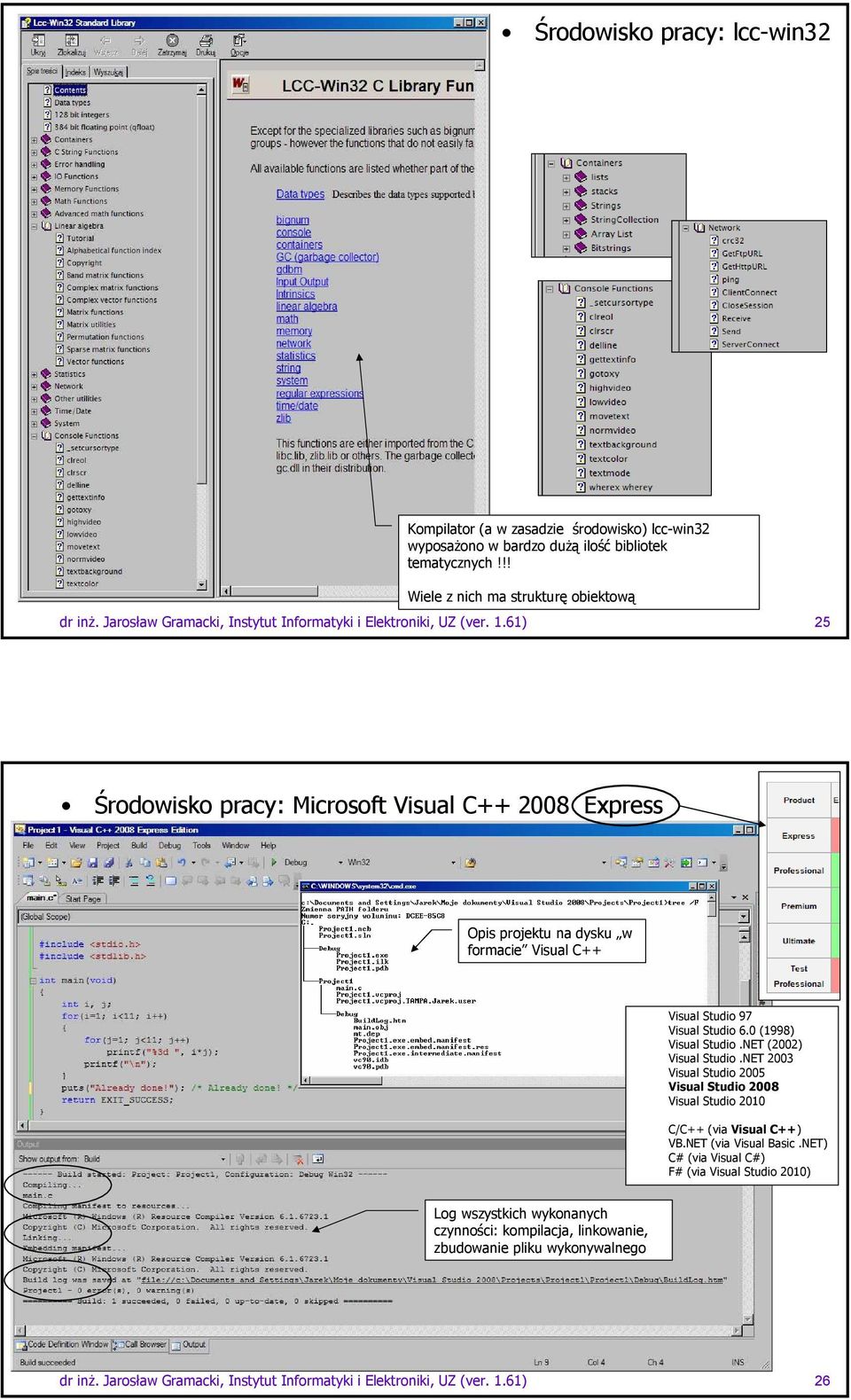 61) 25 Środowisko pracy: Microsoft Visual C++ 2008 Express Opis projektu na dysku w formacie Visual C++ Visual Studio 97 Visual Studio 6.0 (1998) Visual Studio.NET (2002) Visual Studio.