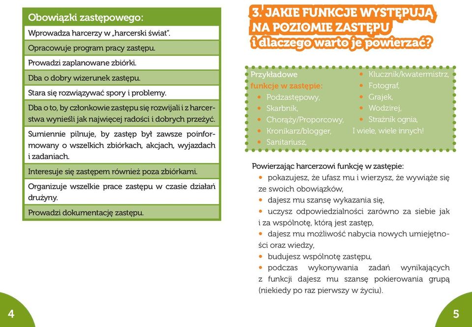 Sumiennie pilnuje, by zastęp był zawsze poinformowany o wszelkich zbiórkach, akcjach, wyjazdach i zadaniach. Interesuje się zastępem również poza zbiórkami.