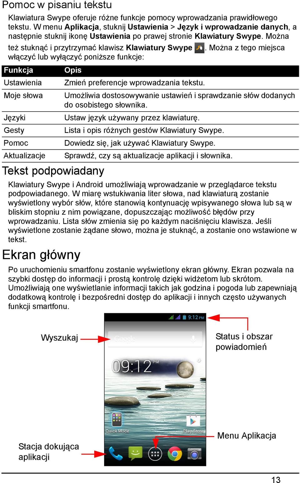 Można też stuknąć i przytrzymać klawisz Klawiatury Swype włączyć lub wyłączyć poniższe funkcje: Funkcja Ustawienia Moje słowa Języki Gesty Pomoc Aktualizacje Opis Tekst podpowiadany Zmień preferencje